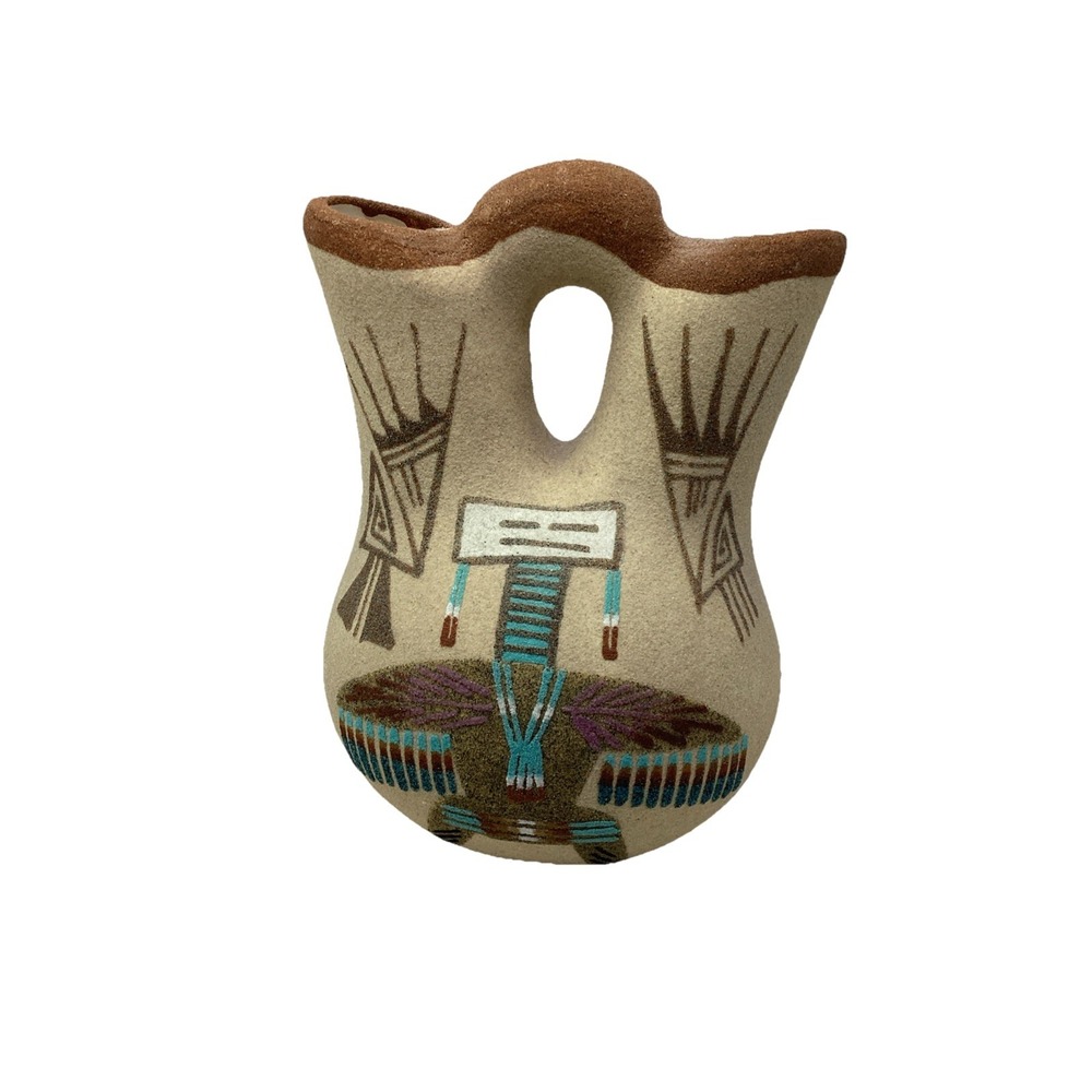 Jr. Whiterock Native American Navajo Sand Painted Art Pottery Wedding Vase 9"